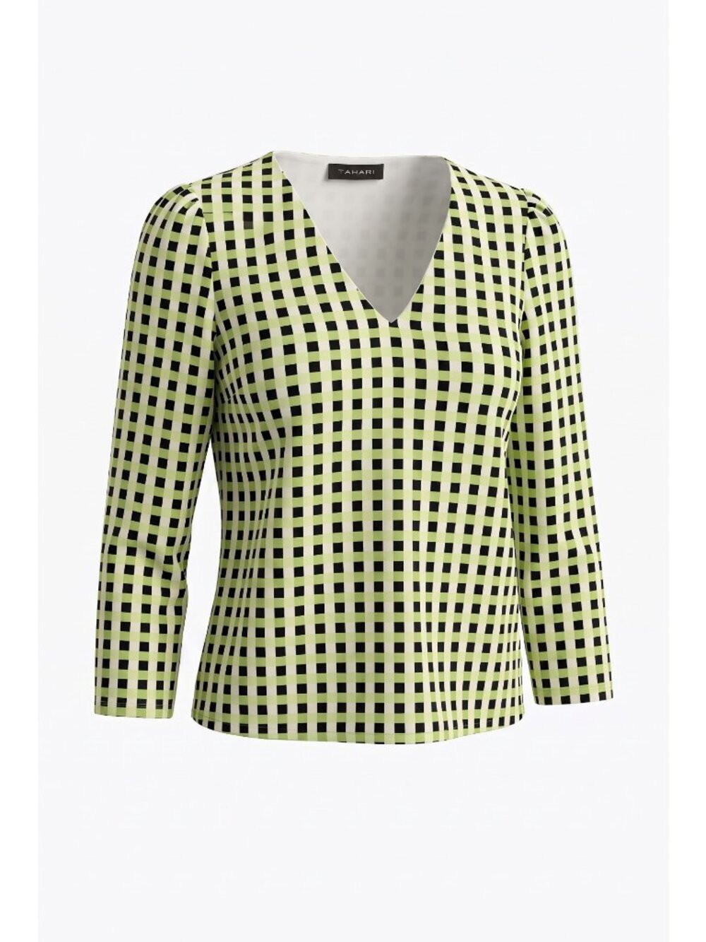 Tahari Womens XS Green Black Check V Neck Lined Tunic Blouse Pullover Top EUC